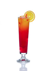Orange alcohol cocktail wiOrange alcohol cocktail with strawberry liqueur and ice decorated with lemon. Isolated on white backgroundth strawberry. Pouring berry liqueur. Isolated on white background