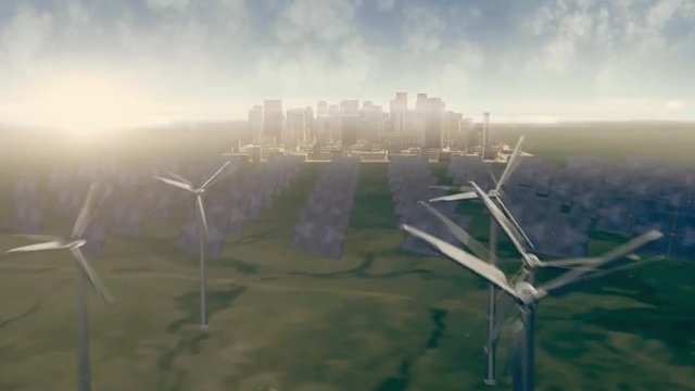 Windmill farm animation. Group of windmills for renewable electric energy production animation. Windmills for electric power production