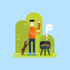 Dog and men on BBQ. Dog asking for food. Vector flat illustration.