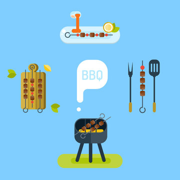 Set of icons. BBQ. Beautiful elements for barbecue. Vector flat illustration