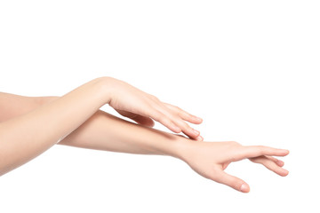 Hands of beautiful young woman on white background. Epilation concept