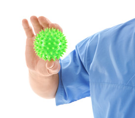 Man with stress ball on white background, closeup