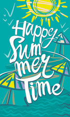 Fototapeta na wymiar Happy Summer Time. Seasonal poster with sun, sea and beach. Vector illustration. 