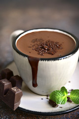Portion of homemade mint hot chocolate in a cup.