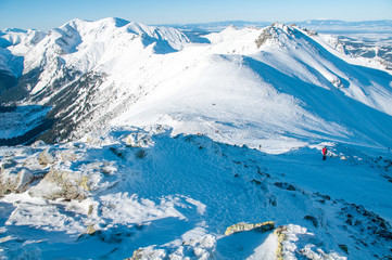 Turysta na tle górskiego krajobrazu zimą. © sly10000