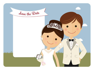 Princely style couple foreground for wedding invitation on blue background