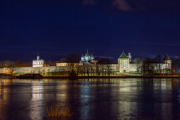 Fototapeta na wymiar Veliky Novgorod night view. Holy Sofia. Kremlin. Bell tower. Russia