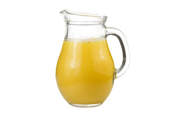 Delicious orange juice in jug isolated on white background