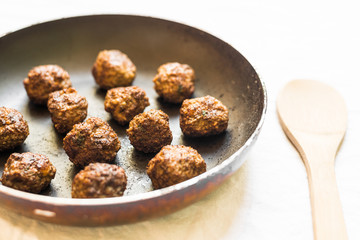 Cooked meatballs in a frying pan