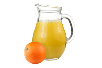 Delicious orange juice in jug isolated on white background