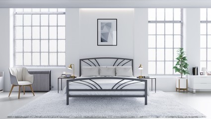 White modern bedroom, Scandinavian interior design