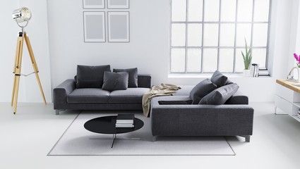 White modern living room, Scandinavian interior design