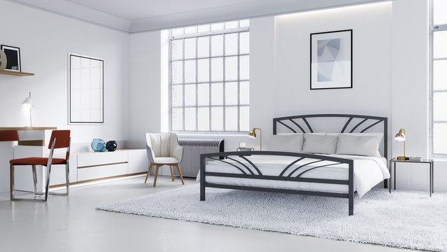White modern bedroom, Scandinavian interior design