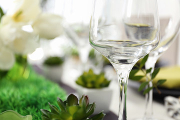 Empty glass on table in restaurant, closeup