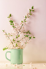Mug with blossoming spring branches on table