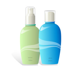 Realistic cosmetic lotion bottles on white background. 3d Vector Illustration
