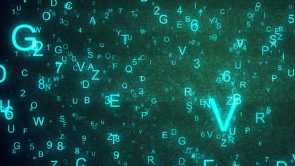 Alphabet letters and numbers randomly thrown in space creating an abstract digital background with noise and distortion