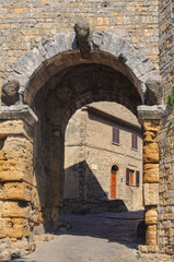 Porta all' Arco, one of city's gateways, is the most famous Etruscan architectural monument in Volterra, Italy