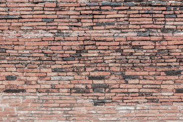 Weathered brick wall with an uneven surface, showcasing its aged texture and rustic appearance, ideal for backgrounds.