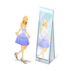 Fototapeta na wymiar girl on heels looks in mirror - vector illustration, eps