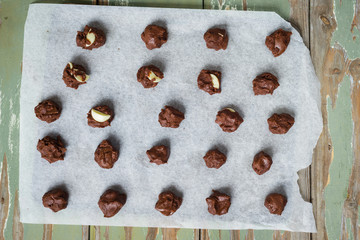 chocolate cookie dough on a tray, ready for the oven