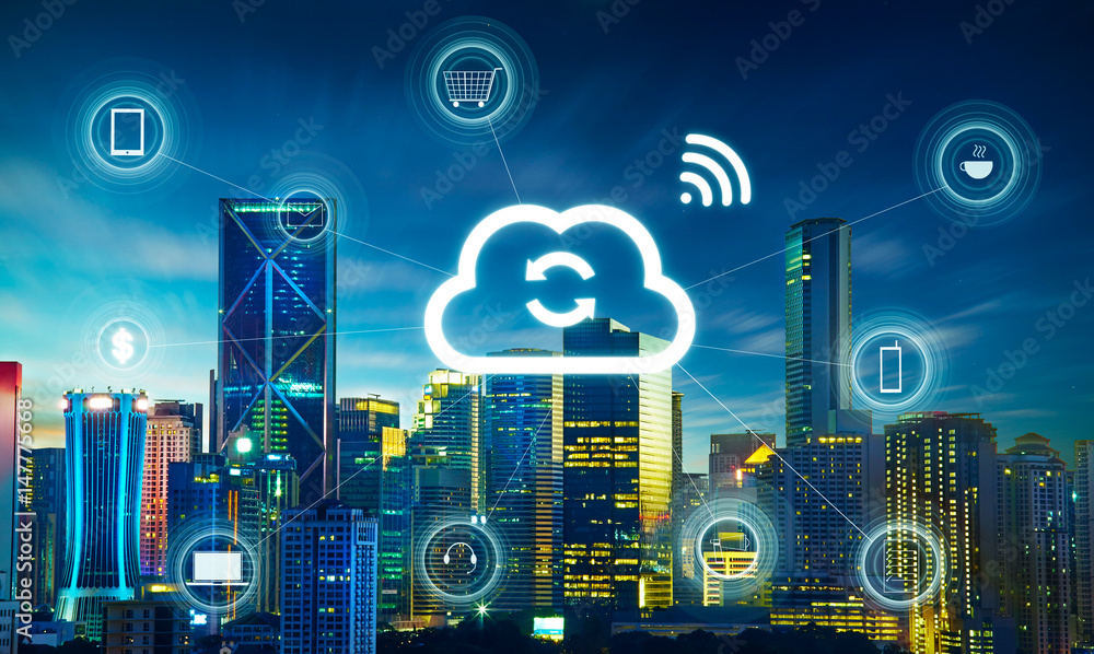 Poster smart city and cloud computing, wireless communication network, abstract image visual, internet of t