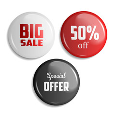 Set of glossy sale buttons or badges. Product promotions. Vector illustration