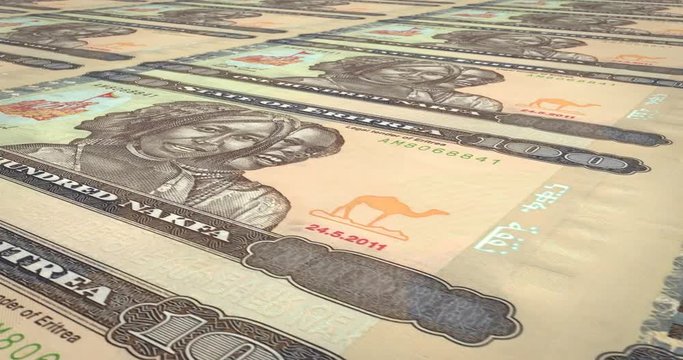 Banknotes of one hundred eritrean nakfa rolling, cash money, loop