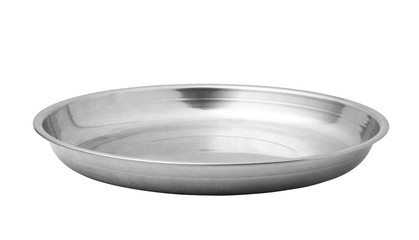 Stainless steel empty plate isolated on white background