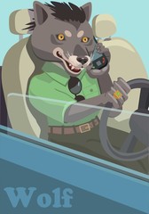 Wolf talking on a cell phone/ Wolf talking on a mobile phone holding a wheel of a car, to make a screensaver on your phone who is calling you?