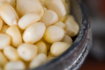 A close up from a metalic mill with some corn kernels