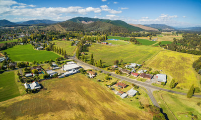 Austrtalian countryside aerial landscape near Myrtleford, Victoria, Australia