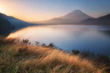 Lake Motosu and Fuji mountain view in morning. Yamanashi, Japan.