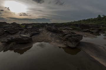 Mekong river showing rock formations formed by water erosion over thousands of years.