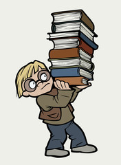 Cartoon illustration of a funny kid with books