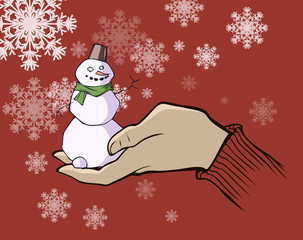 Cartoon christmas illustration of a human hand holding a small snowman
