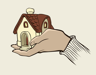 Cartoon illustration of a human hand holding little cozy house