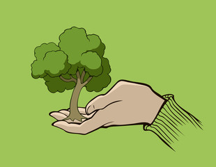 Cartoon illustration of a human hand holding a tree