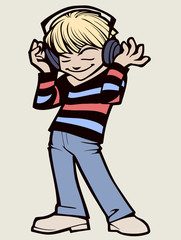 Funny cartoon illustration of a teenager listening to music