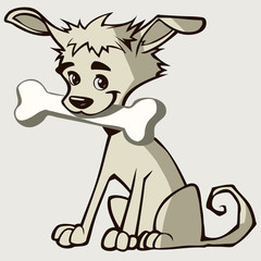 Funny cartoon puppy sitting and holding a bone