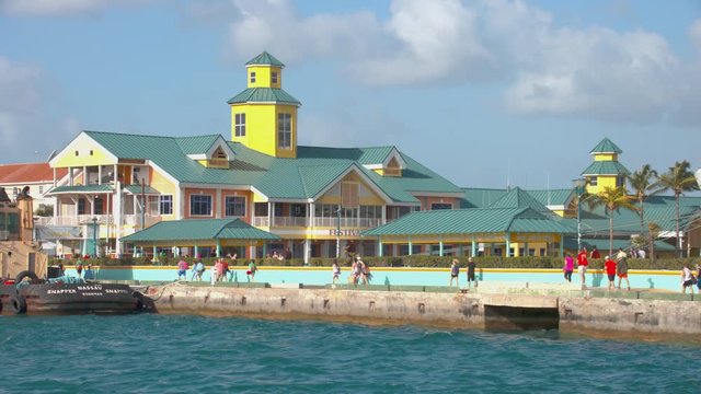 Nassau Bahamas Cruise Port Buildings Exterior Vibrant Scene with Arriving Passengers on a Sunny Day at the Popular Island Destination