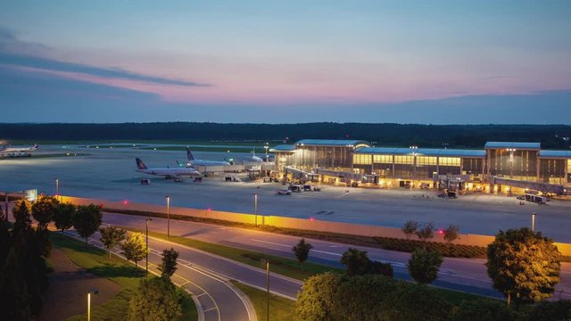 Raleigh-Durham International RDU Airport Platform Timelapse with Aircraft and Traffic Movement during a Colorful Sunset