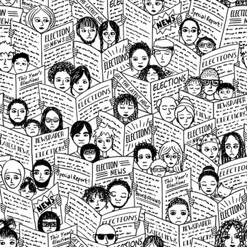 Seamless pattern of diverse people with shocked and sad faces, reading newspapers about the elections