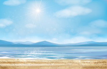 Vector  ocean  beach, blue sky and mountain  background.