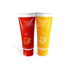 Sunscreen cream realistic package set, isolated on white background. 3d tube, bottle mock-up for brand template. Vector illustration