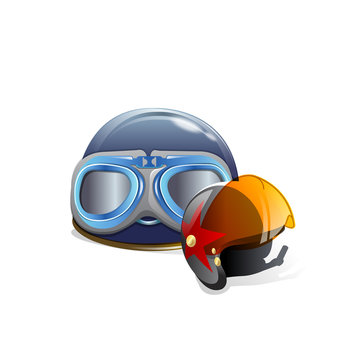 Vintage motorcycle classic helmet with goggles. Transportation industry. Vector illustration isolated on background,