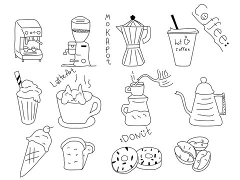 doodle hand-drawn coffee machine moka coffee pot, ice cream, donut, coffee beans, latte, coffee drip, kettle, bread,  line illustration on background