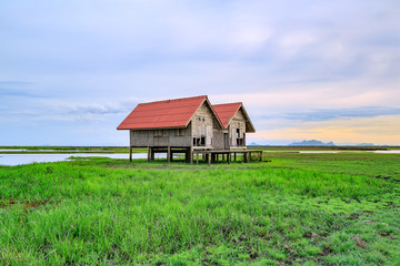 Fototapeta na wymiar Damaged Old Two Red Roof Huts on The Green Field with the Blue Sky at Thalesap Songkhla and Thale Noi Waterfowl Reserve Park in Phatthalung ,Thailand