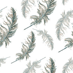 Seamless pattern with a watercolor pattern - bird feather. Vintage illustration on white background.