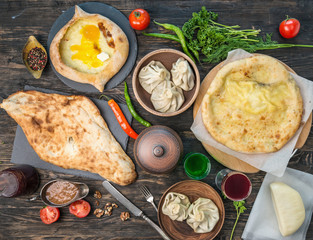 chebureki, khinkali, khachapuri and tatar cuisine, topview